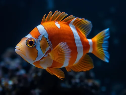 AI generated orange and white striped tropical fish swimming in dark aquarium with vibrant details - Marine life AI image