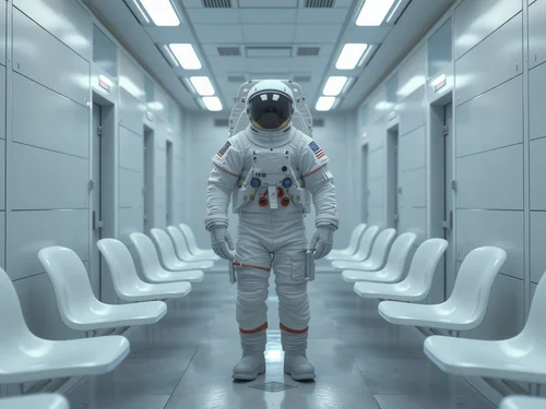 AI generated surreal scene of astronaut in white spacesuit standing in sterile waiting room - Futuristic AI art