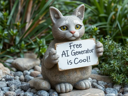AI generated stone cat sculpture holding sign saying Free AI Generator is Cool - Creative promotional AI image