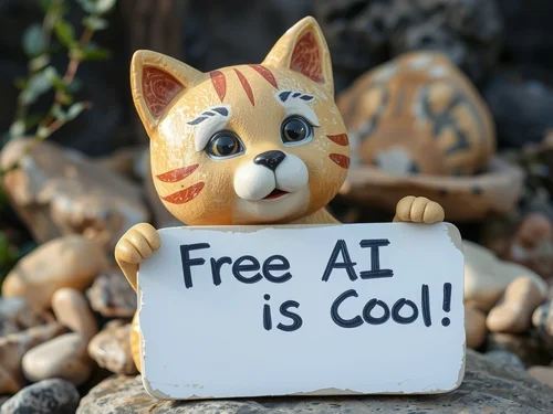 AI generated large stone cat sculpture with sign saying Free AI is Cool - Artistic promotional AI image