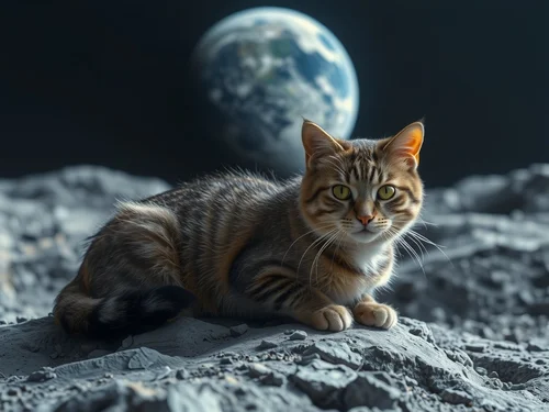 AI generated cat living on moon surface with Earth visible in background - Imaginative space AI art