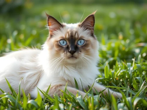 AI generated image of fluffy seal point cat with blue eyes lounging in green grass field - Free AI image generator example