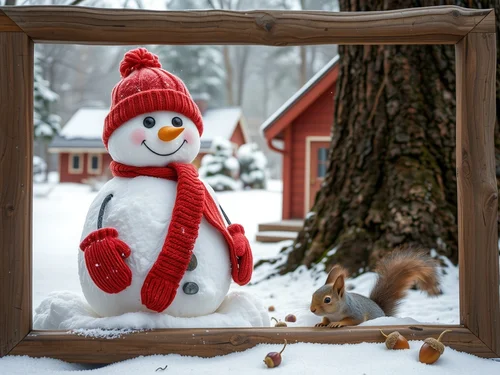 AI generated winter scene with cheerful snowman wearing red hat and scarf next to cabin with squirrel - Free AI image generator example
