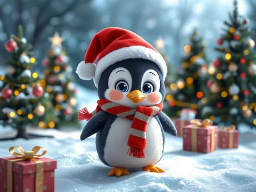 AI generated cute cartoon penguin wearing Santa hat in snowy Christmas landscape with trees and gifts - Festive AI image