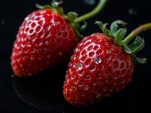 AI generated close-up of fresh strawberries with water droplets on dark background - Realistic food AI image