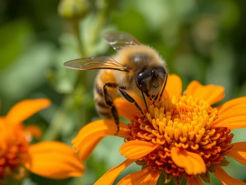 AI generated macro shot of honeybee collecting nectar from bright orange flower - Nature photography AI image