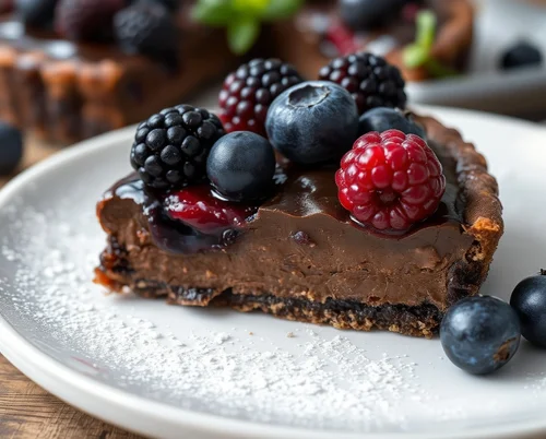 AI generated slice of rich chocolate tart topped with fresh berries and powdered sugar - Gourmet dessert AI image