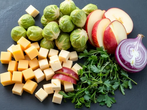 AI generated food composition with cheese, Brussels sprouts, apples and herbs on dark background - Healthy cooking AI image